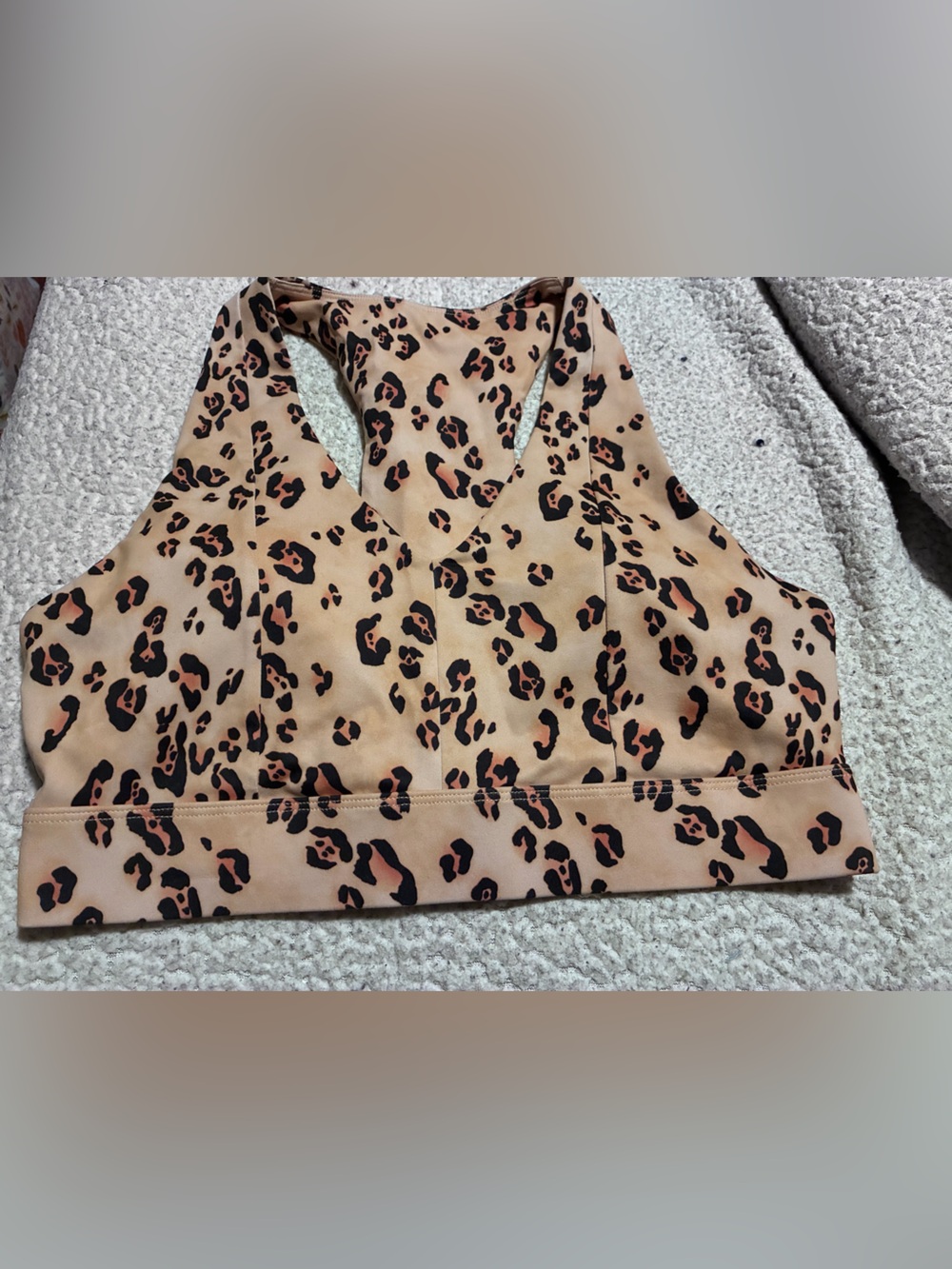 Fabletics Leopard Print Racerback Sports Bra - Tan & Black, size large